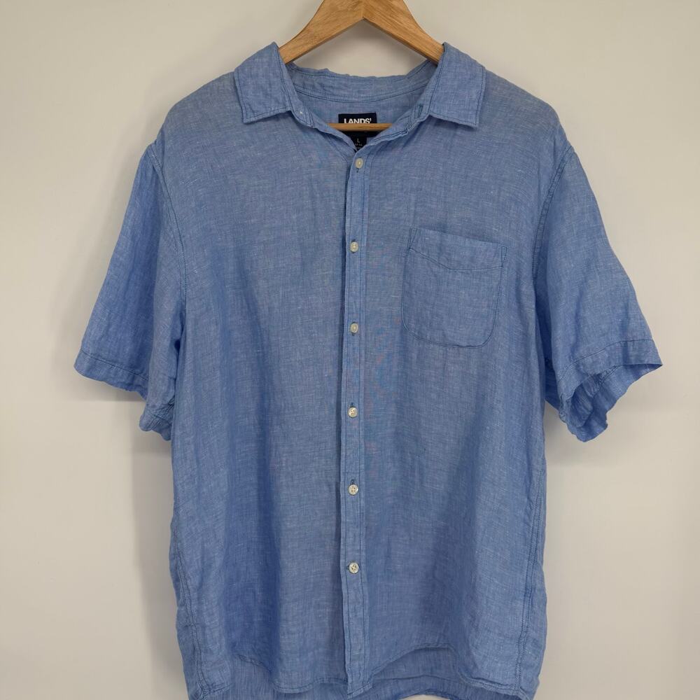 Lands’ End Shirt Men’s Large Blue 100% Linen Coastal Nautical Cruise Vacation